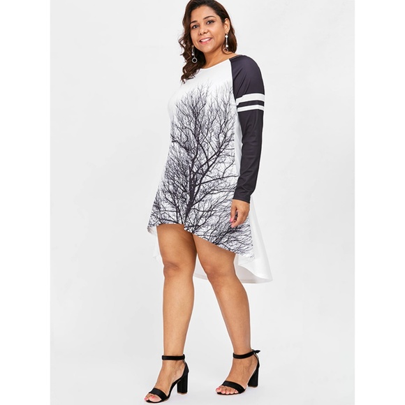 Plus Size Black & White Tree Print High Low Dress - Picture 4 of 8